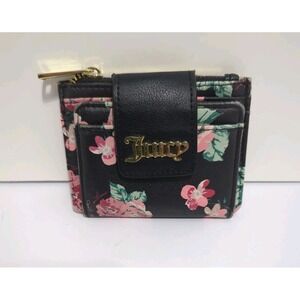 JUICY COUTURE Black Pink Flower Zipper Snap Wallet Card Case Small